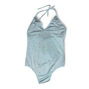Blue Halter Rhinestone One Piece Stretch Body Suit Swim Rave Pole Exotic Dance
